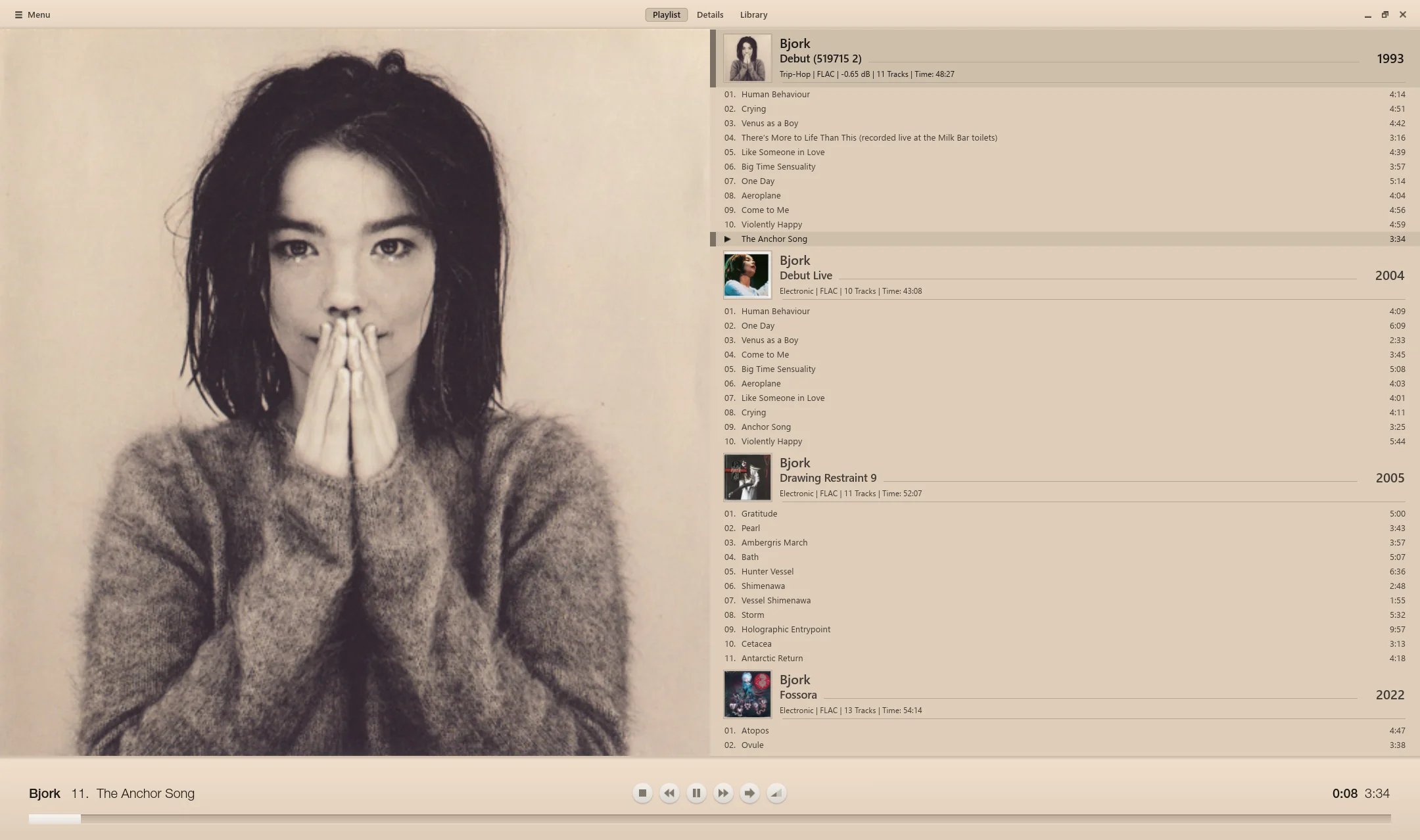 Reverie playing Björk's Debut: the cover on the left, the playlist on the right.